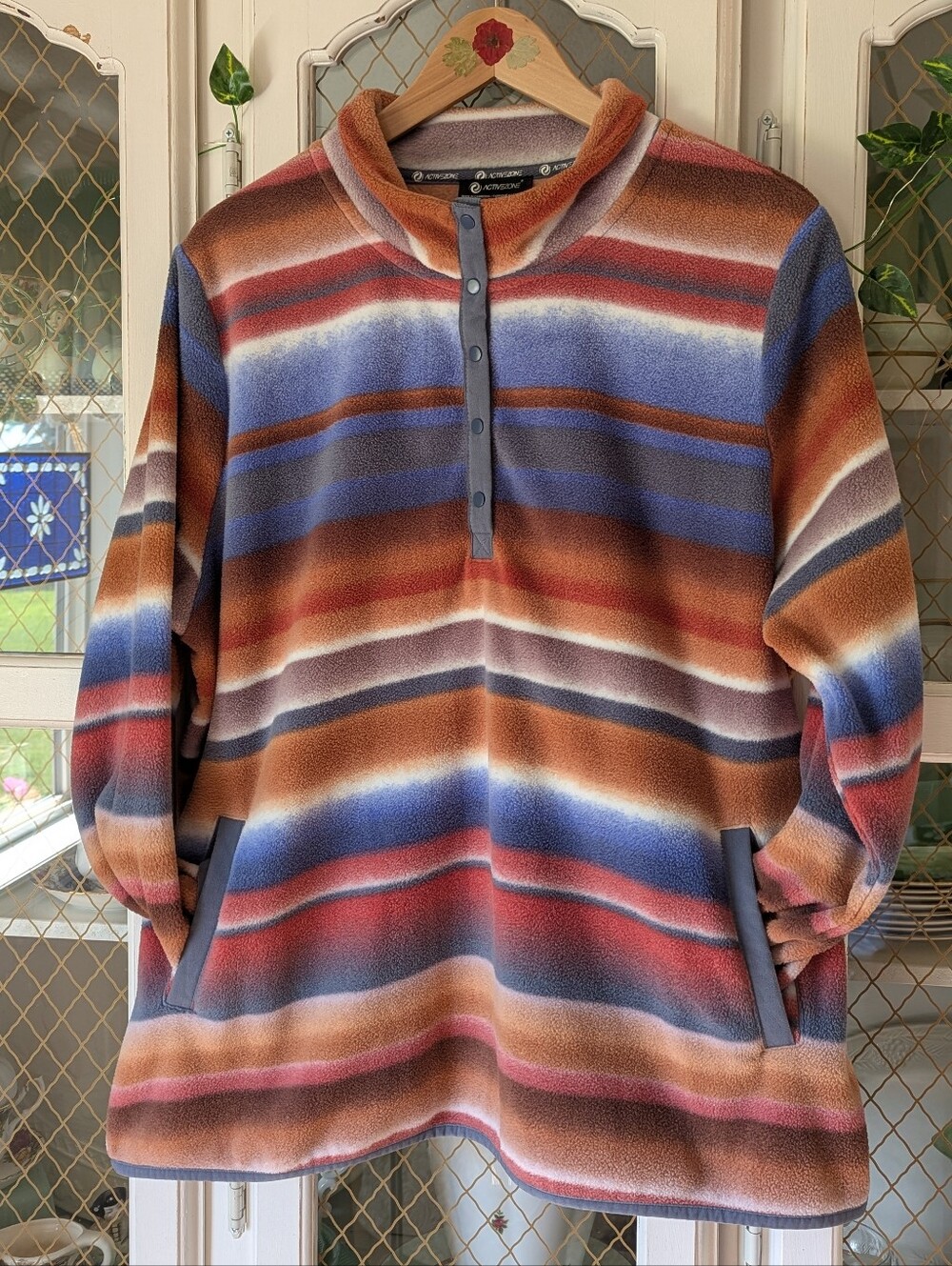 Cozy Soft Sunset Striped Fleece Pullover Sweater Multicolor Autumn Fall Vibes